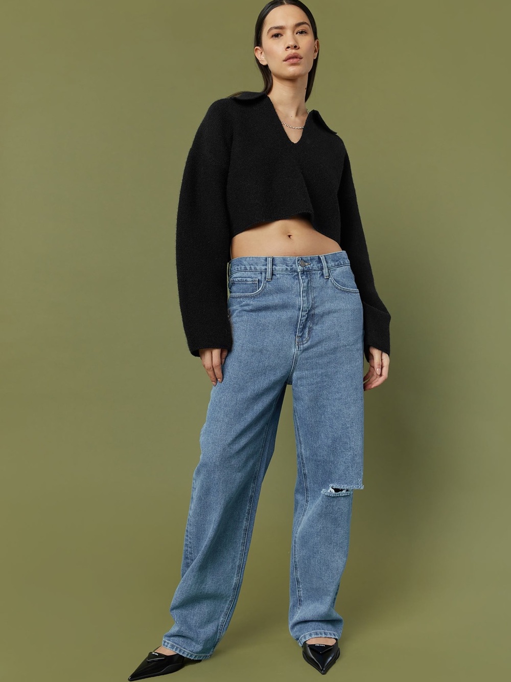 OAK + FORT Black Cropped Collared V-Neck Sweater - Picture 2 of 5